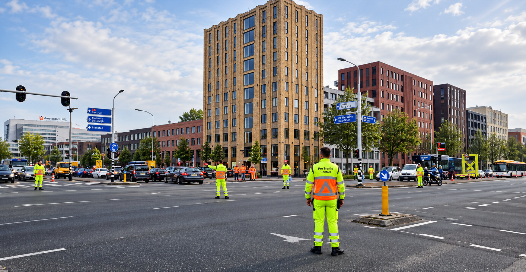 Verkeersregelaars van Pro Traffic Control op een stedelijk kruispunt